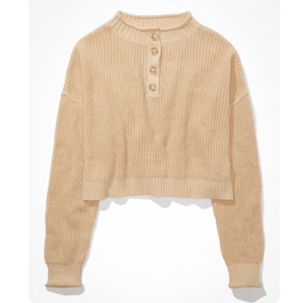 American Eagle Outfitters AE Henley Sweater, Medium, Tan